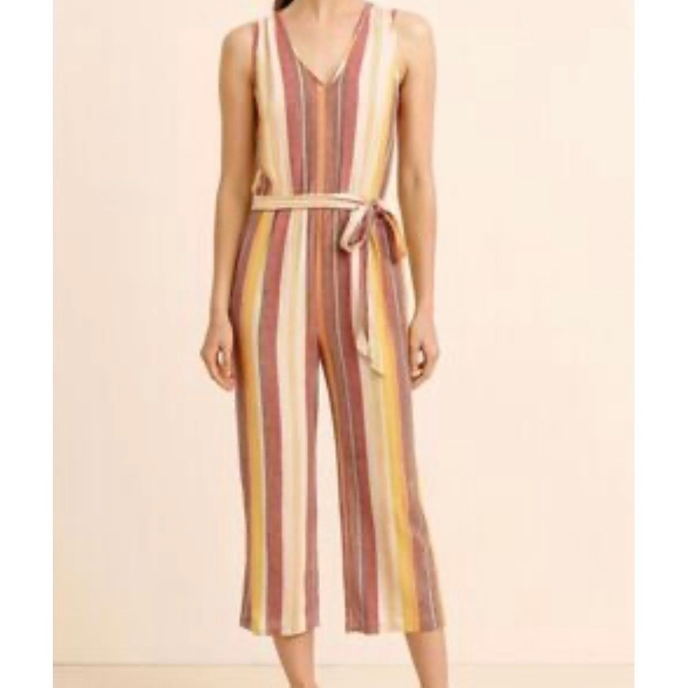 Anthropologie Drew Womens Multi Stripe Linen Blend Wide Leg Jumpsuit Fringe S